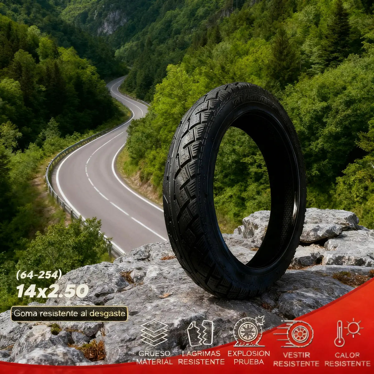 Llanta Neumática 14x2.50 Negra Antideslizante para Bici y Ebike