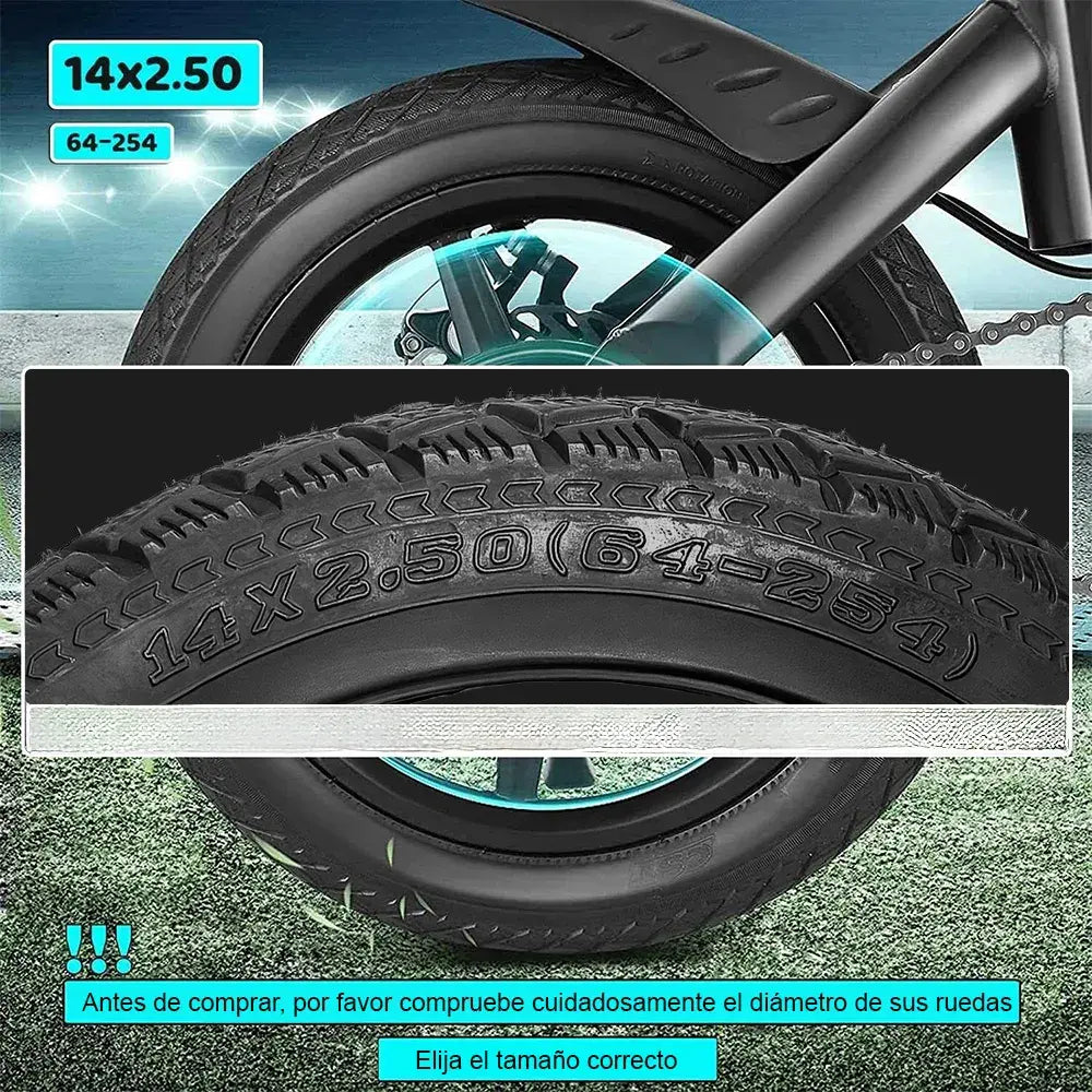 Llanta Neumática 14x2.50 Negra Antideslizante para Bici y Ebike