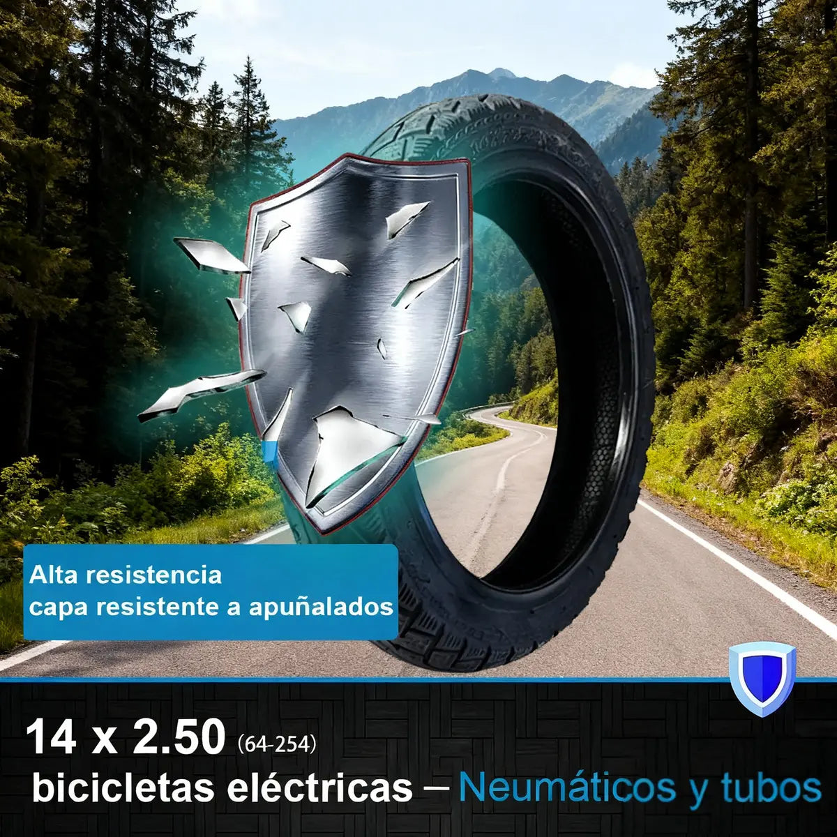 Llanta Neumática 14x2.50 Negra Antideslizante para Bici y Ebike