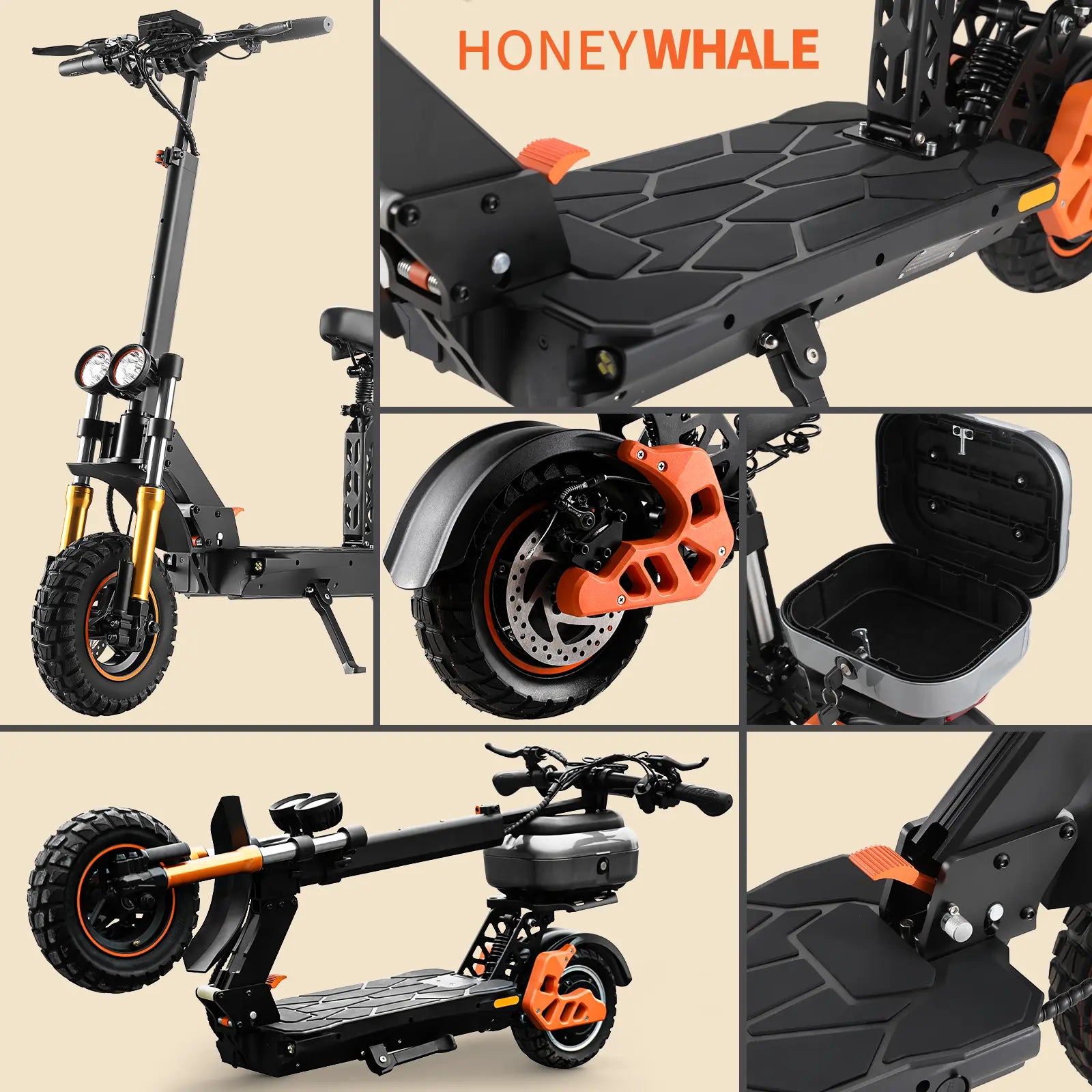 Scooter Eléctrico Para Adultos H3 Honey Whale 55 Km/h 1000w Negro Con Naranja